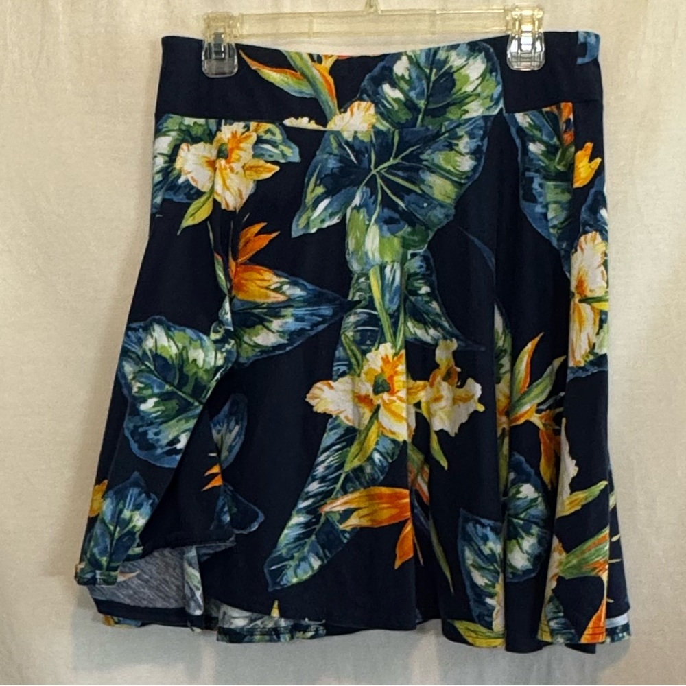 E-63 Chaps Blue & Orange Tropical Floral Print Pull on MIDI Skirt Size Mβ
